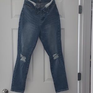 Fold over straight leg denim jeans